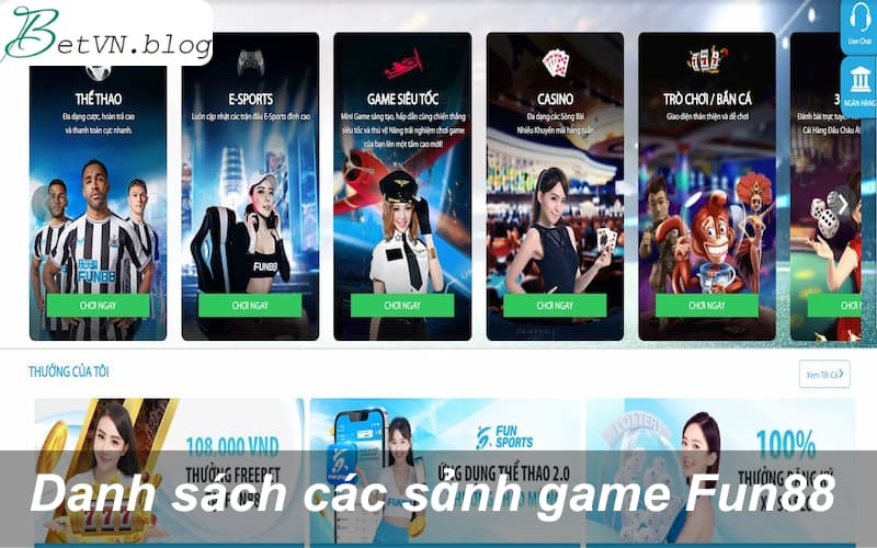 Danh sách các sảnh game Fun88 đang hoạt động